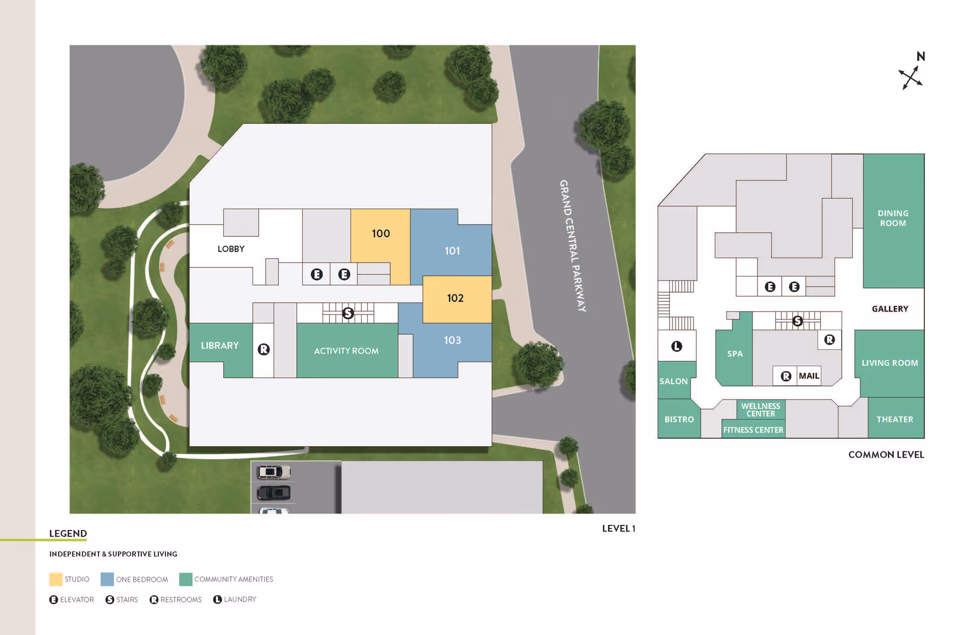 Floor plan of Atria Forest Hills showing two levels. Level 1 includes lobby, library, activity room, studio apartments (100, 102), one-bedroom apartments (101, 103), elevators, stairs, restrooms, and laundry. The common level includes dining room, gallery, living room, theater, spa, salon, bistro, wellness center, fitness center, mail area, elevators, stairs, and restrooms. The building is adjacent to Grand Central Parkway with surrounding greenery and parking.