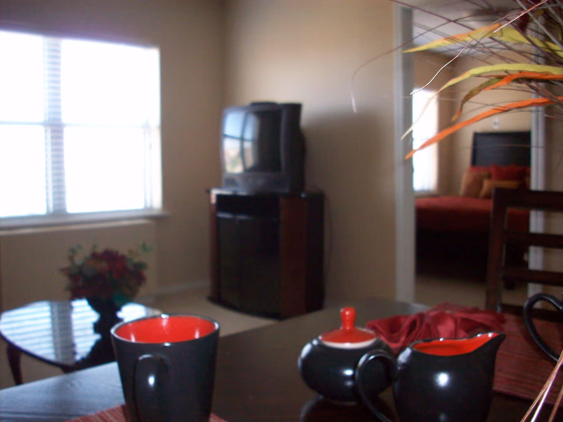Interior view of a senior living facility room showing a table with a black and red cup, a black and red sugar bowl, and a black and red creamer. In the background, there is a TV on a stand, a window with blinds, a small table with a flower arrangement, and a glimpse into a bedroom with a bed and pillows.