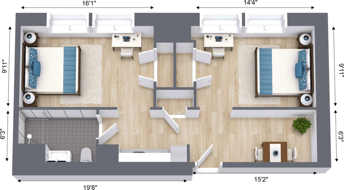 Top-down rendered floor plan of a two-bedroom apartment showing two bedrooms with desks, a bathroom, central hallway and a small dining area.