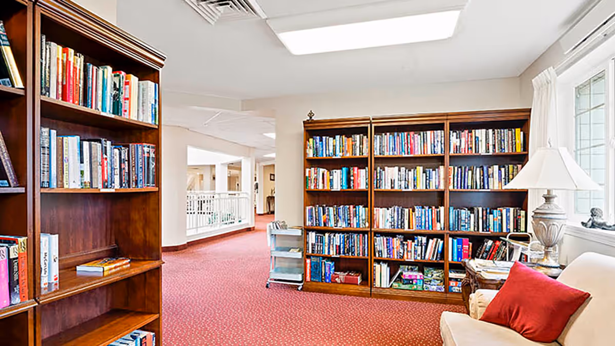 Cozy library/lounge area with wooden bookshelves, a carpeted floor, an armchair with a red pillow, and a lamp by a window.