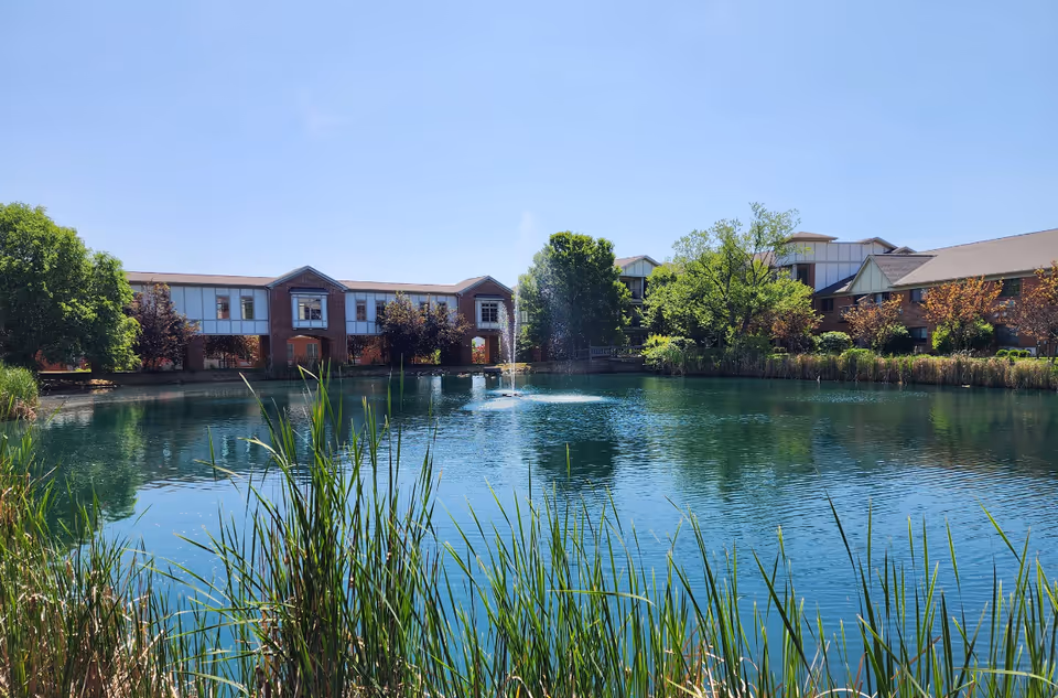 A serene outdoor scene at Mallard Cove Senior Living featuring a large pond with a water fountain in the center, surrounded by tall grasses and trees. In the background, there is a multi-story brick building with large windows under a clear blue sky.