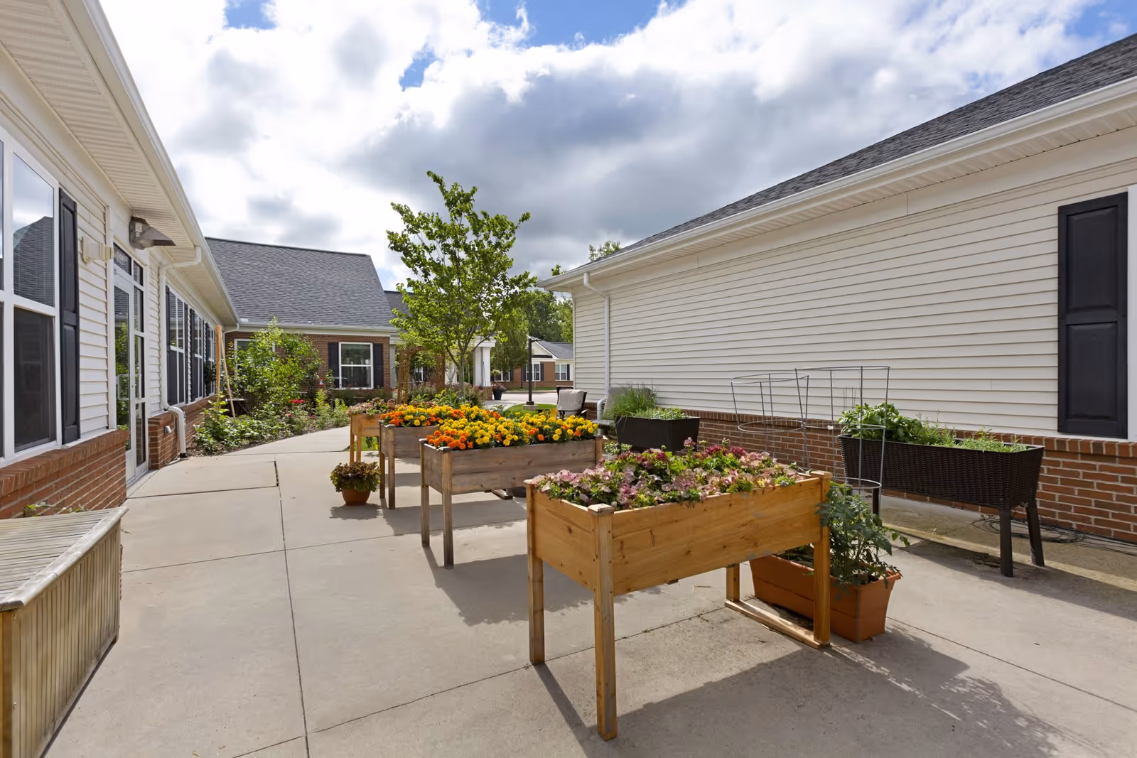 Outdoor courtyard area at Olivia's Assisted Living with raised wooden garden beds filled with colorful flowers and plants. The courtyard is paved with concrete and surrounded by white buildings with brick accents. A tree and additional greenery are visible in the background under a partly cloudy sky.