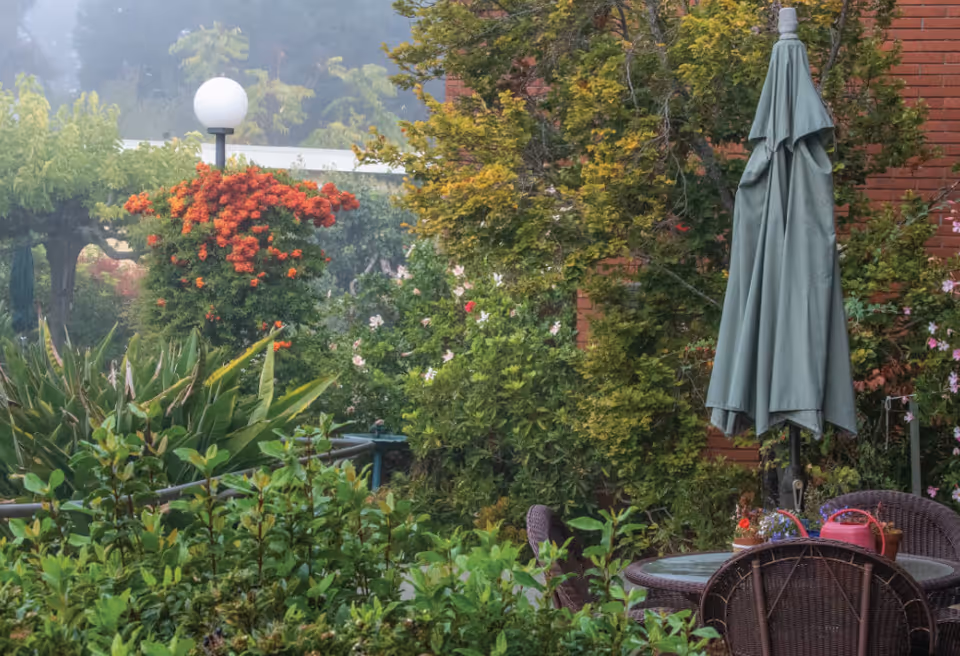 Outdoor garden area with lush green plants, colorful flowers, a round glass-top table with wicker chairs, and a closed green patio umbrella next to a brick wall.