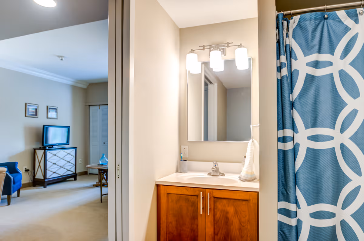 View of a bathroom sink area with a mirror and light fixture above it, a blue and white patterned shower curtain to the right, and a glimpse into an adjacent living room with a TV on a stand, a blue armchair, and a small table.