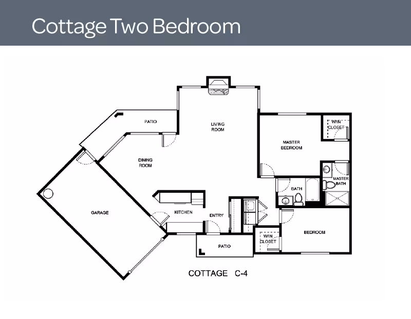 Architectural floor plan of a two-bedroom cottage labeled Cottage C-4, showing a garage, kitchen, dining room, living room, master bedroom with master bath and walk-in closet, second bedroom with walk-in closet, additional bathroom, entry, and two patios.
