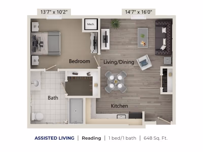 Floor plan of a one-bedroom, one-bath assisted living apartment named Reading at Harper’s Station Gainesville, showing a bedroom, bathroom, living/dining area, and kitchen with dimensions.