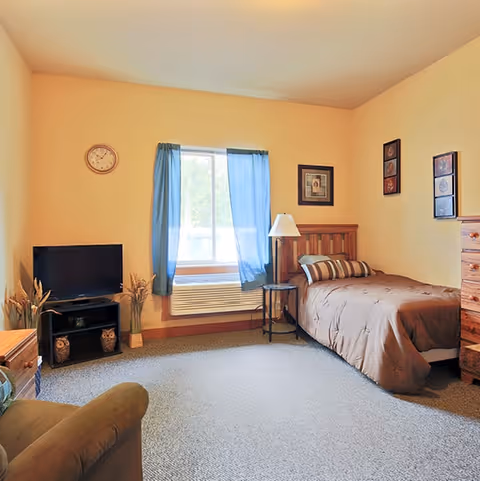 Small furnished bedroom with a single bed, window with blue curtains, TV on a stand, and a dresser.