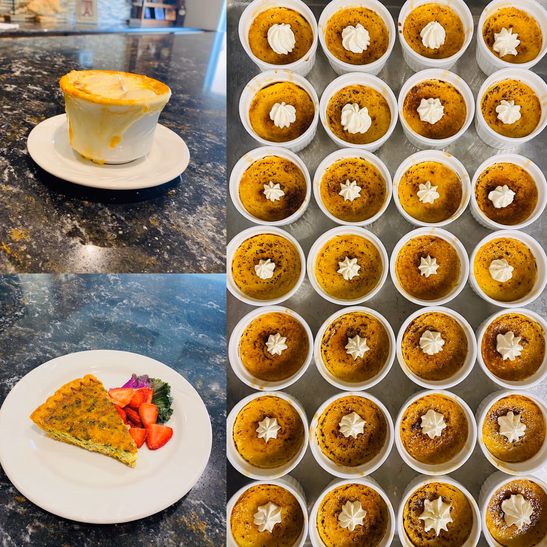 A collage of three images showing food items on a dark granite countertop. The top left image shows a small pot pie with a golden crust on a white plate. The bottom left image shows a slice of quiche served with sliced strawberries and a garnish on a white plate. The right image shows multiple small ramekins filled with crème brûlée, each topped with a dollop of whipped cream.