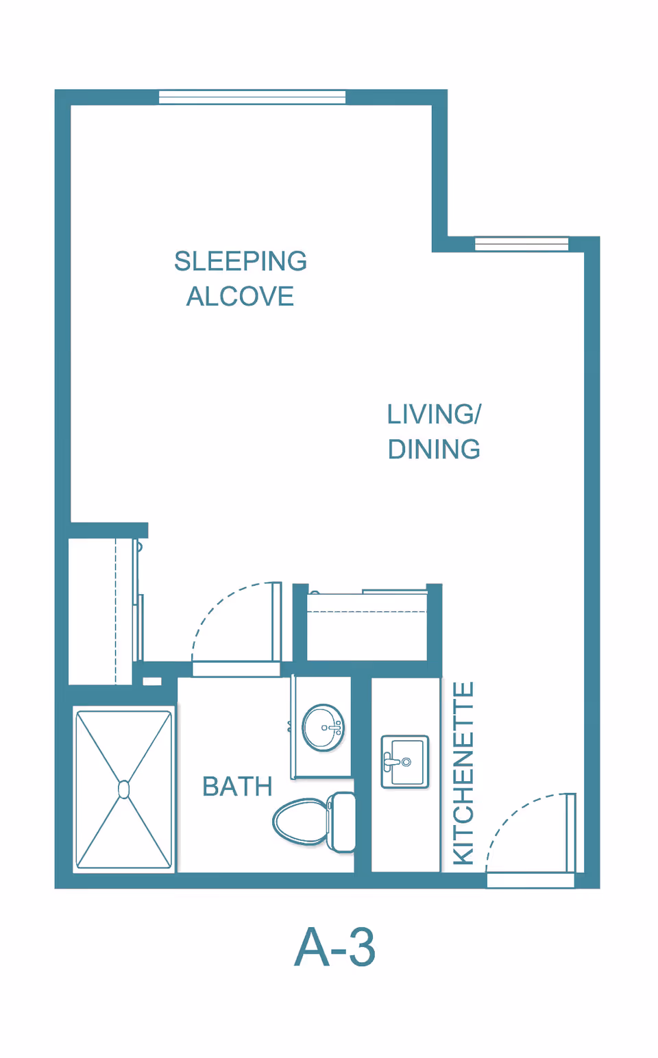 Floor plan layout of a studio apartment labeled A-3 at Holiday Woods at Canco, showing a sleeping alcove, living/dining area, kitchenette, and a bathroom with a shower, toilet, and sink.
