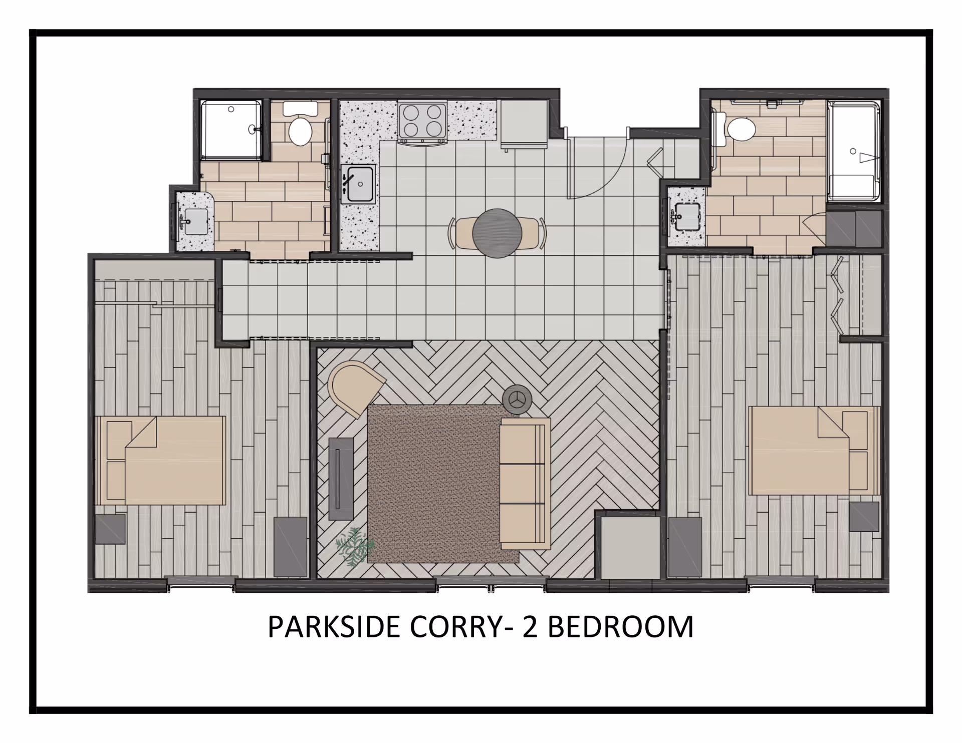 Floor plan of Parkside Corry 2 bedroom apartment showing two bedrooms, two bathrooms, a kitchen with dining area, and a living room.
