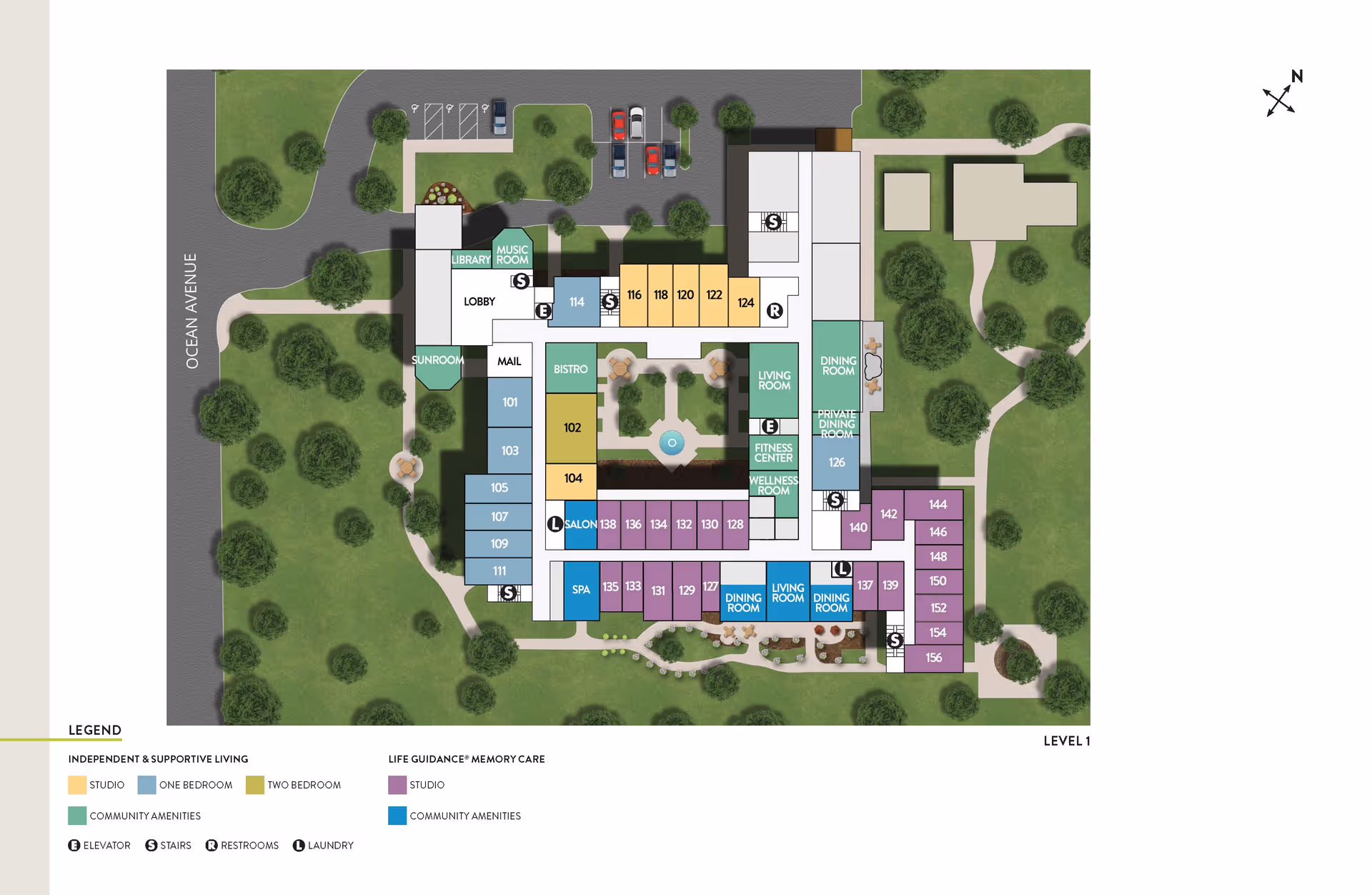Floor plan of Atria Bay Shore senior living facility showing layout of rooms and community amenities on Level 1. The map includes labeled areas such as lobby, library, music room, sunroom, mail, bistro, salon, spa, fitness center, wellness room, dining rooms, private dining room, and various studio, one-bedroom, and two-bedroom units. The plan also indicates locations of elevators, stairs, restrooms, and laundry. Surrounding the building are green spaces with trees and pathways, and a parking area is visible at the top.