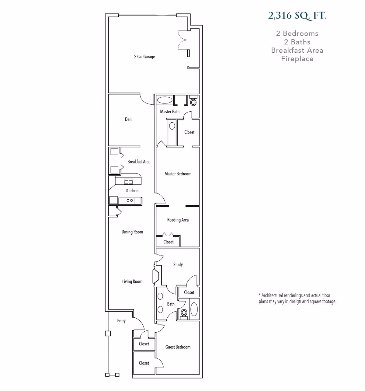 Architectural floor plan of a single-story home with 2,316 square feet, featuring 2 bedrooms, 2 bathrooms, a breakfast area, kitchen, dining room, living room, den, study, reading area, and a 2-car garage.