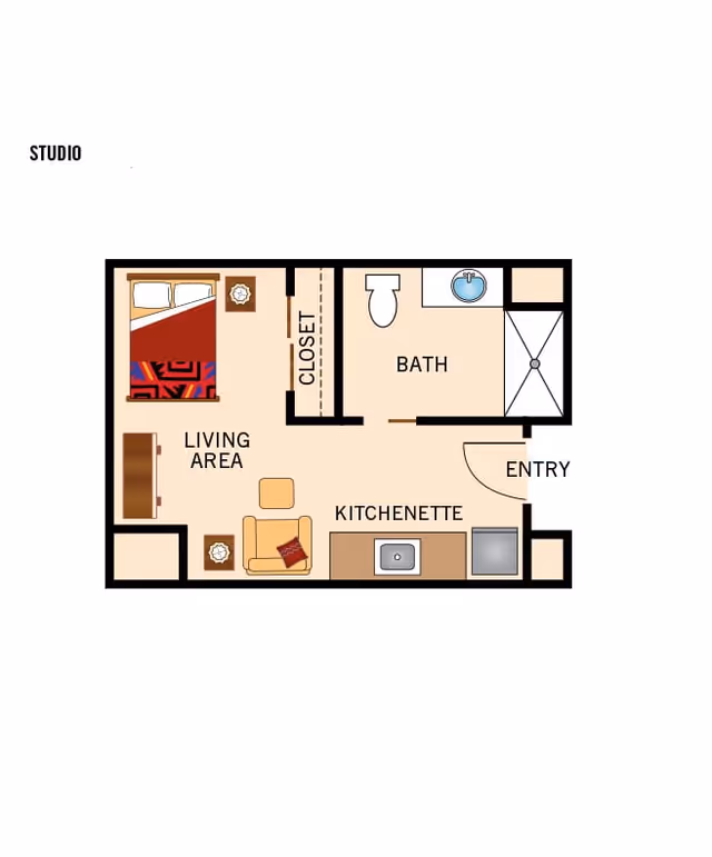 Floor plan of a studio apartment at Jaidon Manor assisted living showing a living area with a bed, chair, and table, a kitchenette with a sink and stove, a closet, and a bathroom with a toilet, sink, and shower. The entry door is located near the kitchenette.