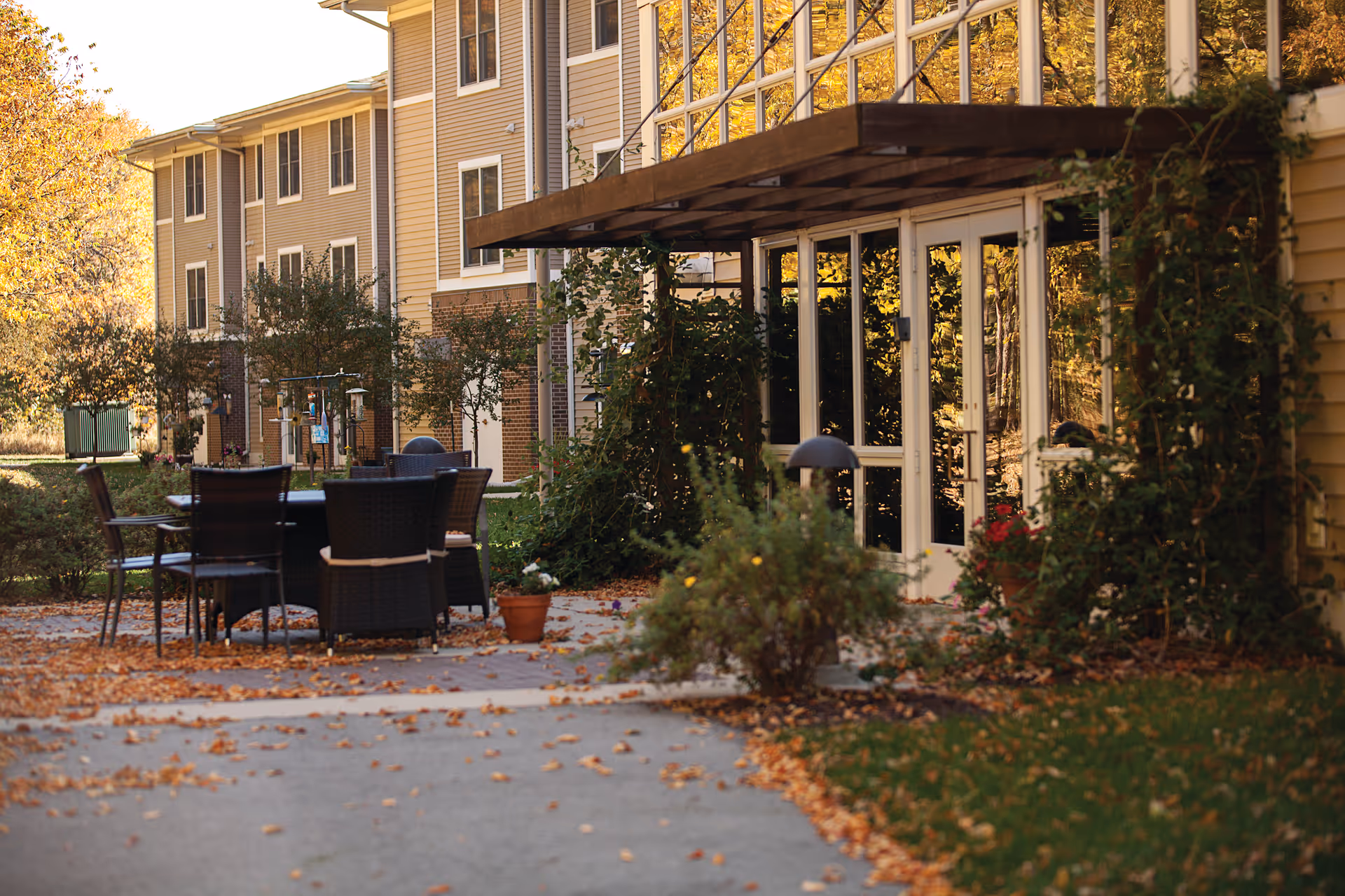 Outdoor patio area at Timberland Village Senior Living with a table and several chairs surrounded by autumn foliage and fallen leaves, adjacent to a building with large windows and climbing plants.
