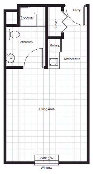 Architectural floor plan of a senior living unit at Belmont Village Senior Living Johns Creek showing an entry area, closet, kitchenette with refrigerator, living area, bathroom with toilet and sink, and a separate shower. The plan also indicates a heating/AC unit and a window.
