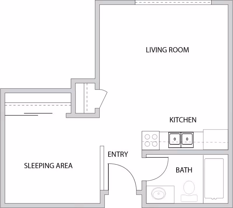 Architectural floor plan of a retirement residence unit showing labeled areas including sleeping area, entry, living room, kitchen, and bath with fixtures.