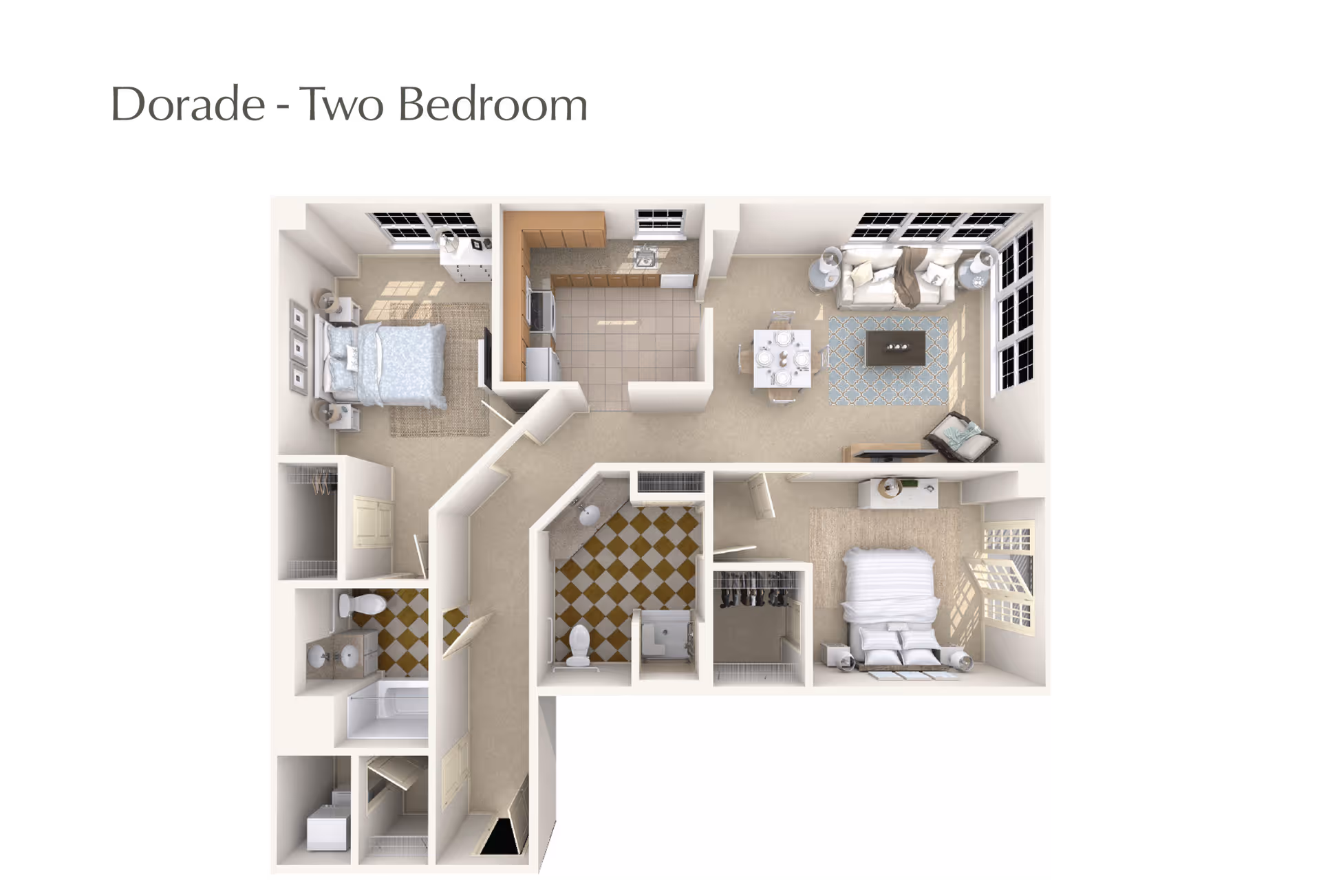 3D floor plan of a two-bedroom apartment named Dorade, showing a layout with two bedrooms, a kitchen, a living and dining area, two bathrooms, and closets.