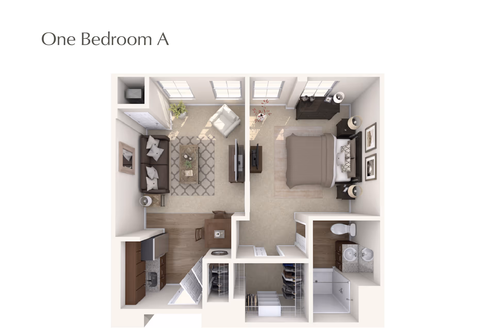 Top-down view of a one-bedroom apartment floor plan labeled 'One Bedroom A' showing a living room with a sofa, armchair, coffee table, and TV, a bedroom with a bed, nightstands, and dresser, a kitchen with appliances and cabinets, a dining area with a table and chairs, a bathroom with a shower, toilet, and sink, and a walk-in closet.