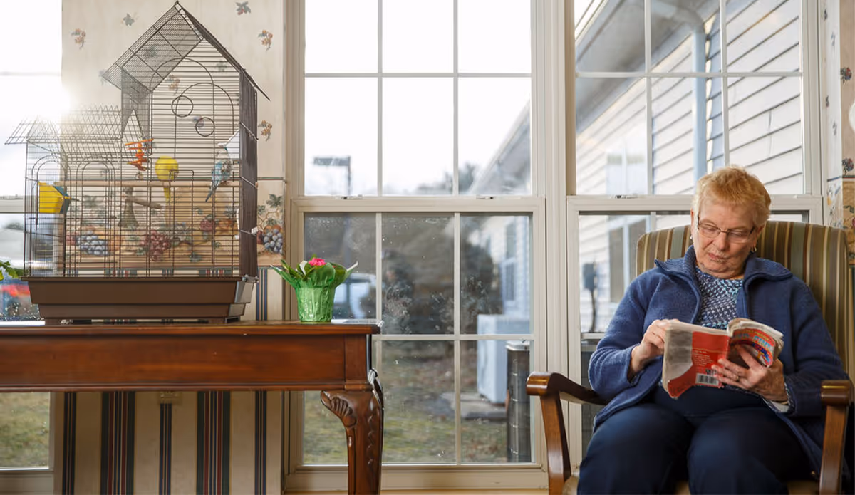 An elderly woman sitting in a striped armchair near a large window, reading a book. To her left, there is a wooden table with a birdcage containing colorful birds and a small green plant in a pot. The room has floral wallpaper and natural light coming through the window.