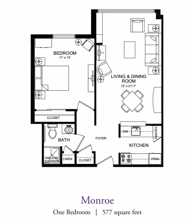 Floor plan of a one-bedroom apartment named Monroe at Our Lady of Peace, showing a bedroom, living and dining room, kitchen, bathroom with walk-in shower, closets, linen storage, pantry, and foyer. The total area is 577 square feet.