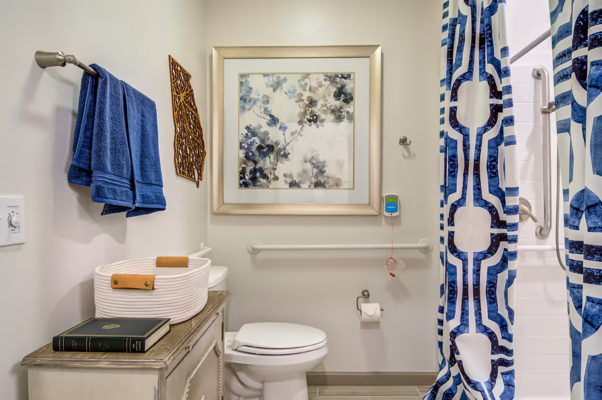 Accessible bathroom with a toilet, blue patterned shower curtain, grab bars, framed wall art, and folded blue towels.