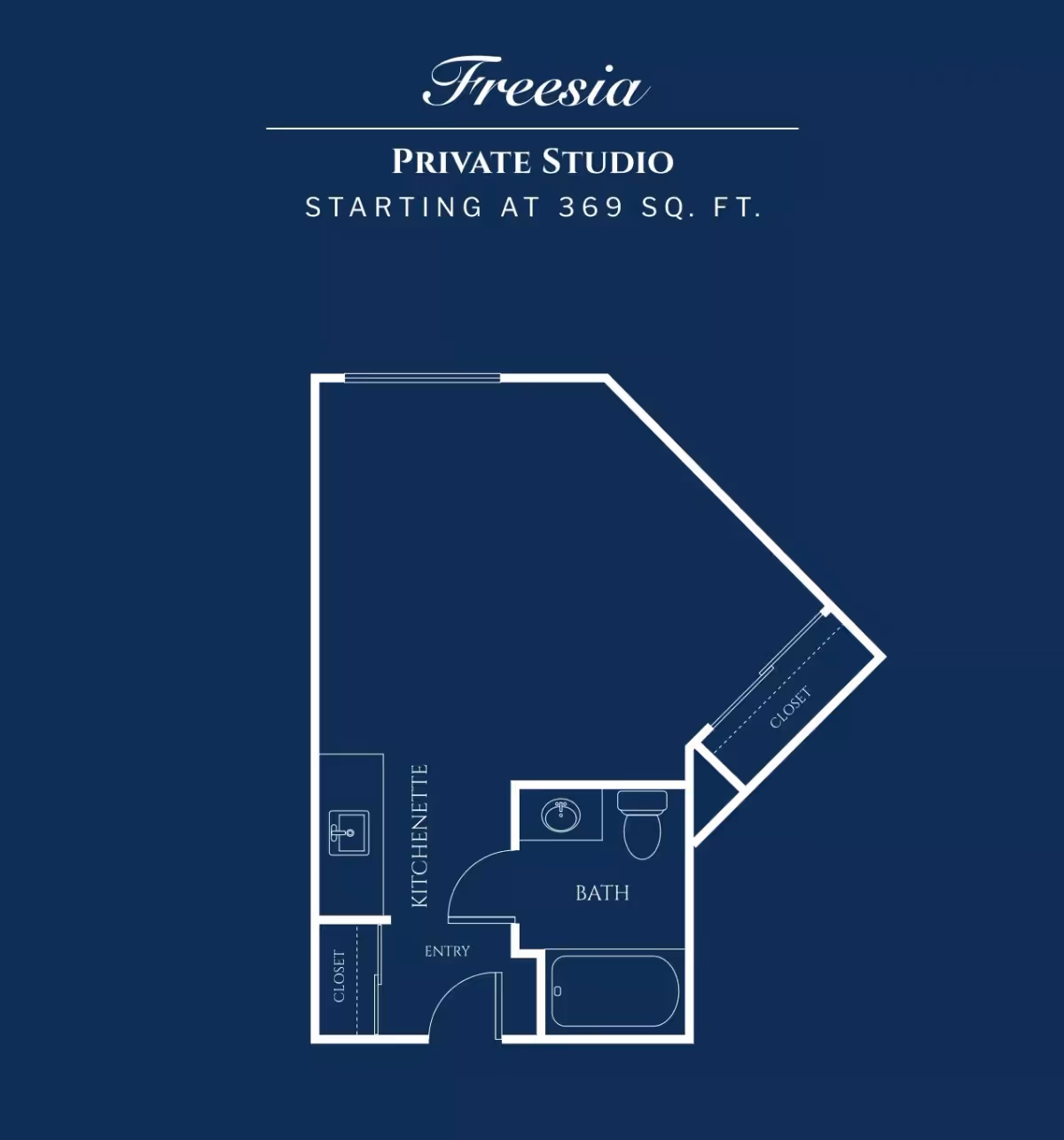 Floor plan graphic titled 'Freesia' for a private studio (starting at 369 sq. ft.) showing a kitchenette, entry, bathroom with tub and sink, and closets.