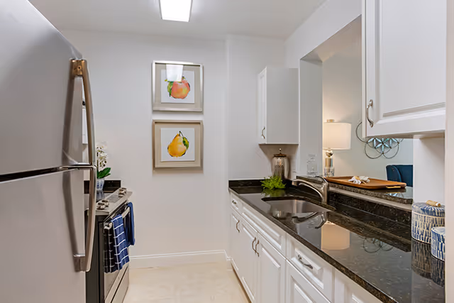A modern kitchen with white cabinets, black granite countertops, a stainless steel refrigerator, and a stove. Two framed fruit paintings hang on the wall at the end of the kitchen. A pass-through window opens to a living area with a lamp and decorative items visible.