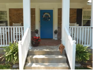 Front porch of a house with white railings and steps leading up to a blue door decorated with a wreath. There are potted plants on either side of the door and green ferns flanking the steps.