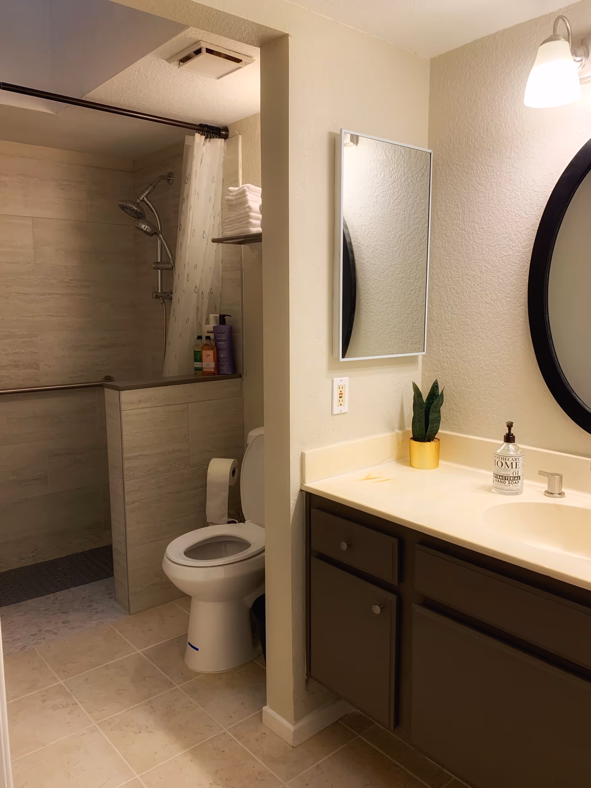 A clean bathroom with a toilet, a walk-in shower with a shower curtain, and a vanity with a sink. The vanity has a small potted plant and a bottle of hand soap. There is a rectangular mirror above the sink and a round mirror partially visible on the wall. The walls are light-colored and the floor is tiled.