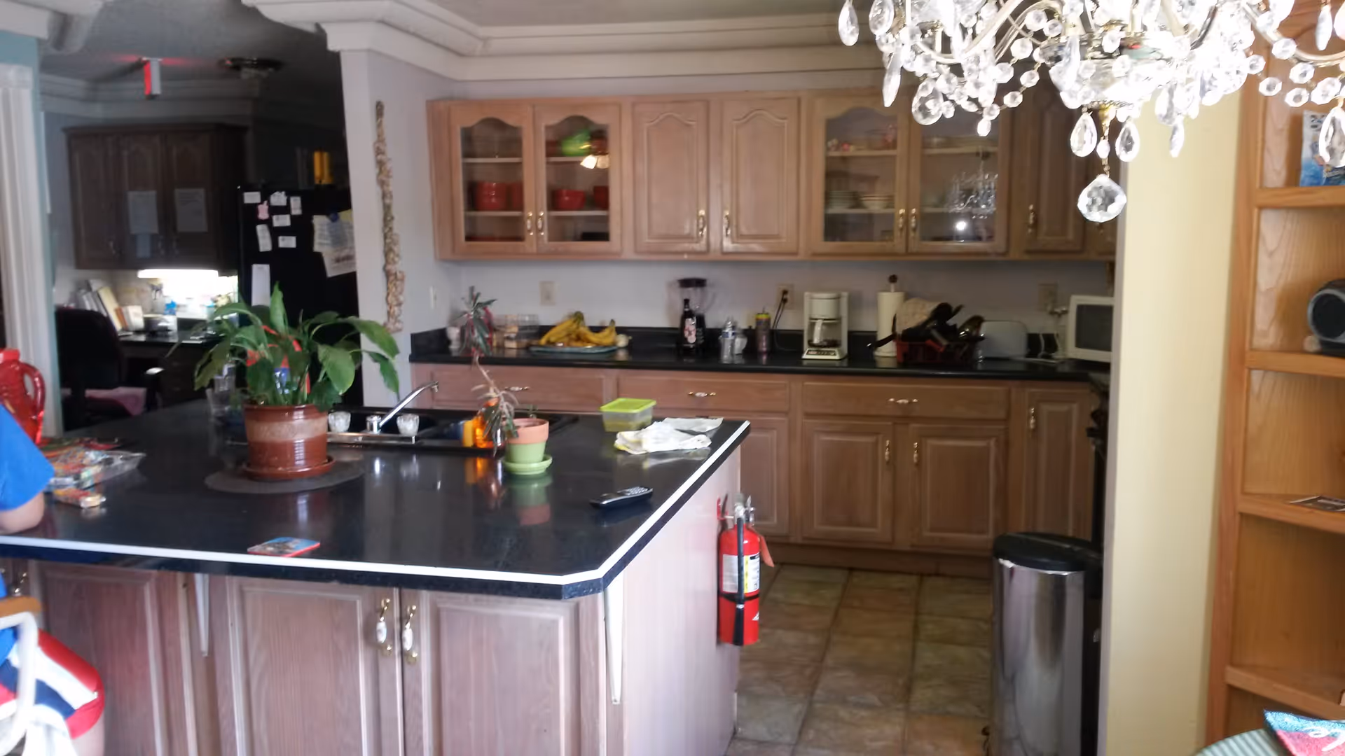 Interior view of a kitchen with wooden cabinets, a black countertop island with potted plants, a sink, and various kitchen appliances including a coffee maker, blender, and microwave. A fire extinguisher is mounted on the side of the island, and a chandelier hangs from the ceiling. There is a bookshelf on the right side and a person partially visible on the left.