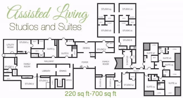 Floor plan layout of assisted living studios and suites at The Lodge at Leon Springs, showing various labeled rooms including studios, suites, family rooms, dining areas, library, utility room, office, and hallways with sizes ranging from 220 sq ft to 700 sq ft.