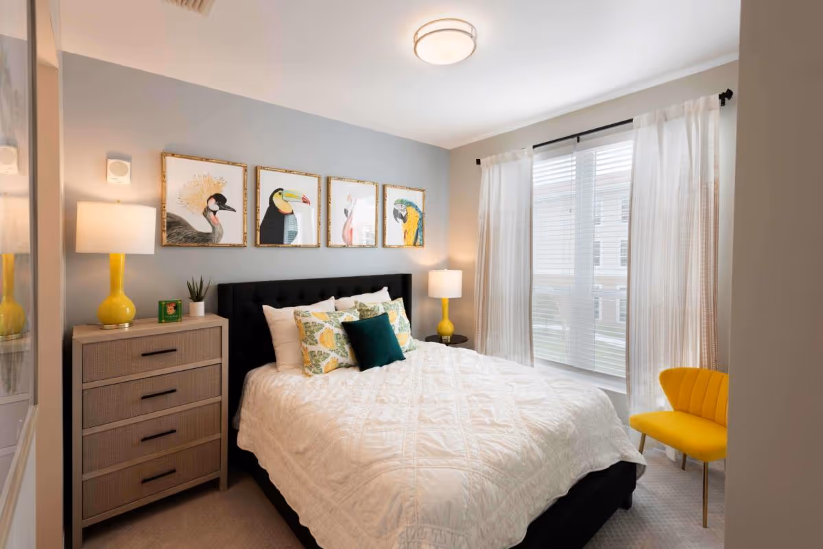 Bright bedroom with a bed dressed in white linens, patterned pillows, a dresser topped with a yellow lamp, framed bird artwork above the headboard, and a yellow accent chair by the window.