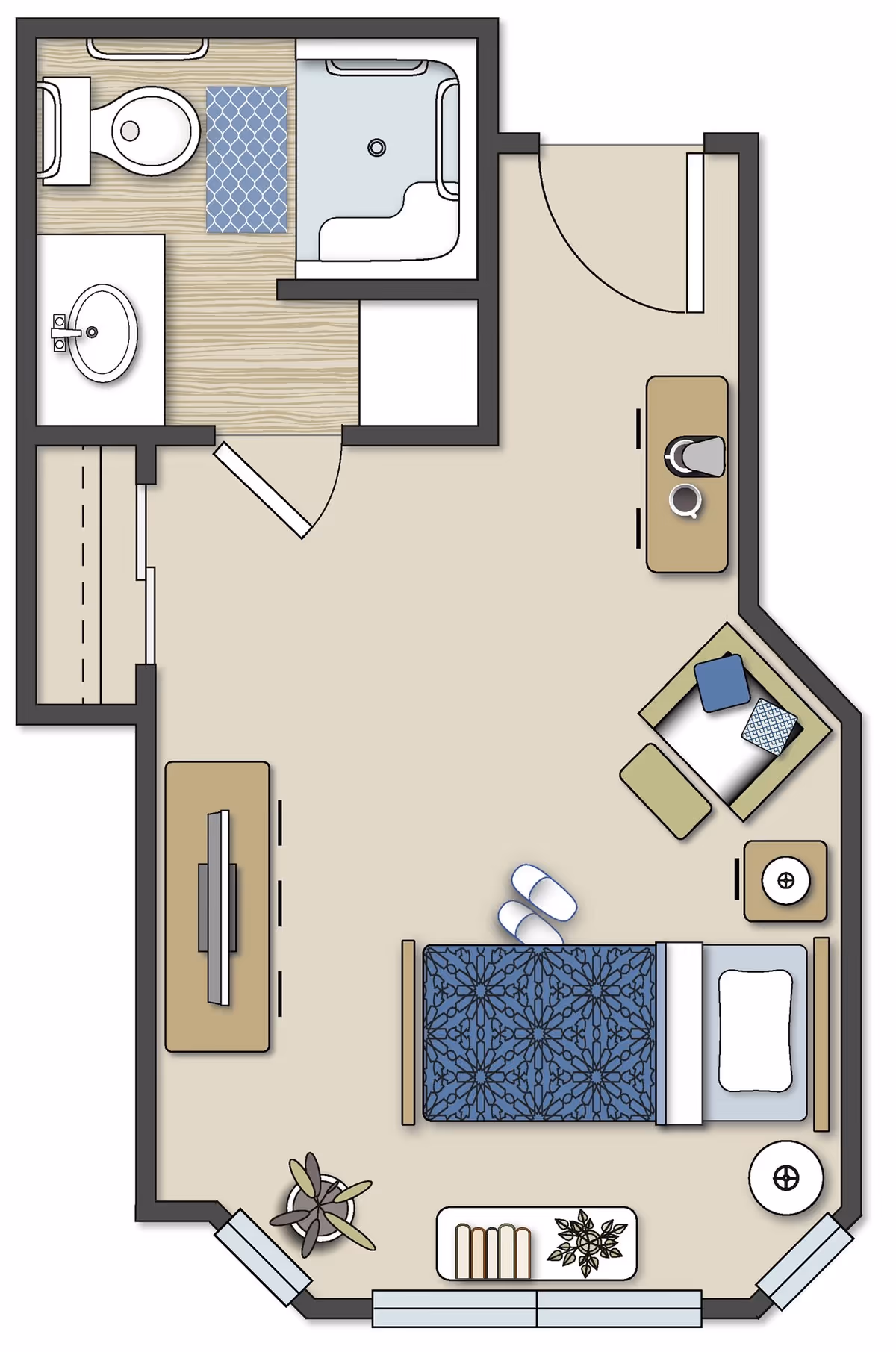 Floor plan of a studio apartment featuring a combined living and sleeping area with a bed, armchair, TV, and small table. The bathroom includes a toilet, sink, and shower. There is also a closet near the entrance.