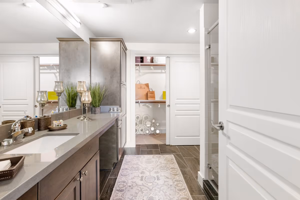 A modern bathroom with a long countertop featuring a sink, decorative candle holders, and potted plants. There is a large mirror above the countertop and a walk-in shower with a glass door on the right. At the back, there is a doorway leading to a walk-in closet with shelves and hanging space, containing shopping bags and decorative items. The floor is tiled with dark tiles and a patterned rug is placed in front of the sink.
