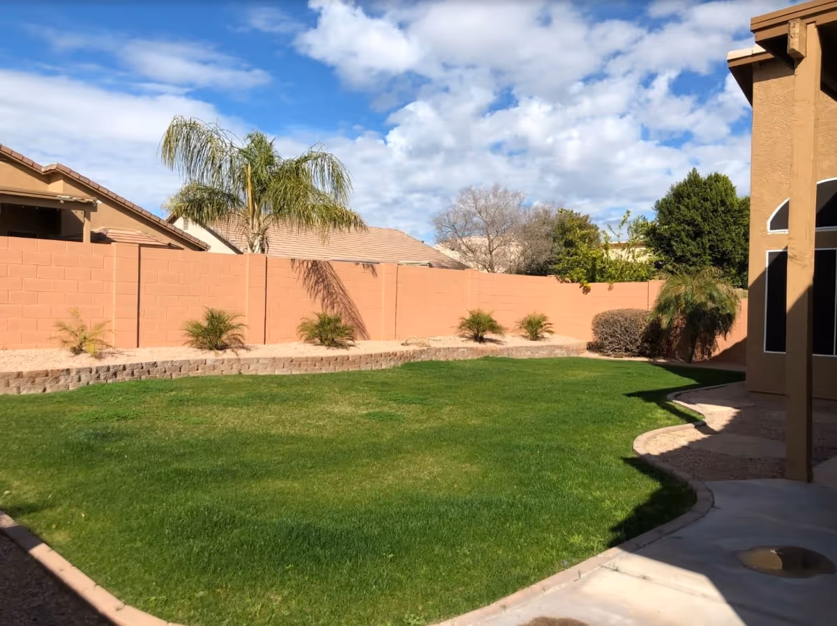 A well-maintained outdoor garden area with green grass, small palm trees, and a tan brick wall surrounding the space. The sky is partly cloudy with blue patches visible. Part of a building with tan walls and windows is visible on the right side.