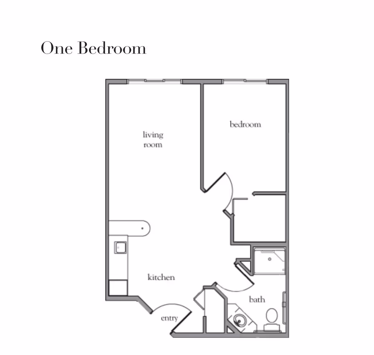 Floor plan layout of a one-bedroom apartment showing labeled areas including living room, bedroom, kitchen, entry, and bath.