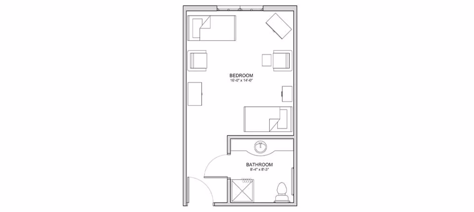 Architectural floor plan of a senior living facility unit at The Auberge at Kingwood, showing a bedroom area with two beds, chairs, a table, and a bathroom with a shower, sink, and toilet.