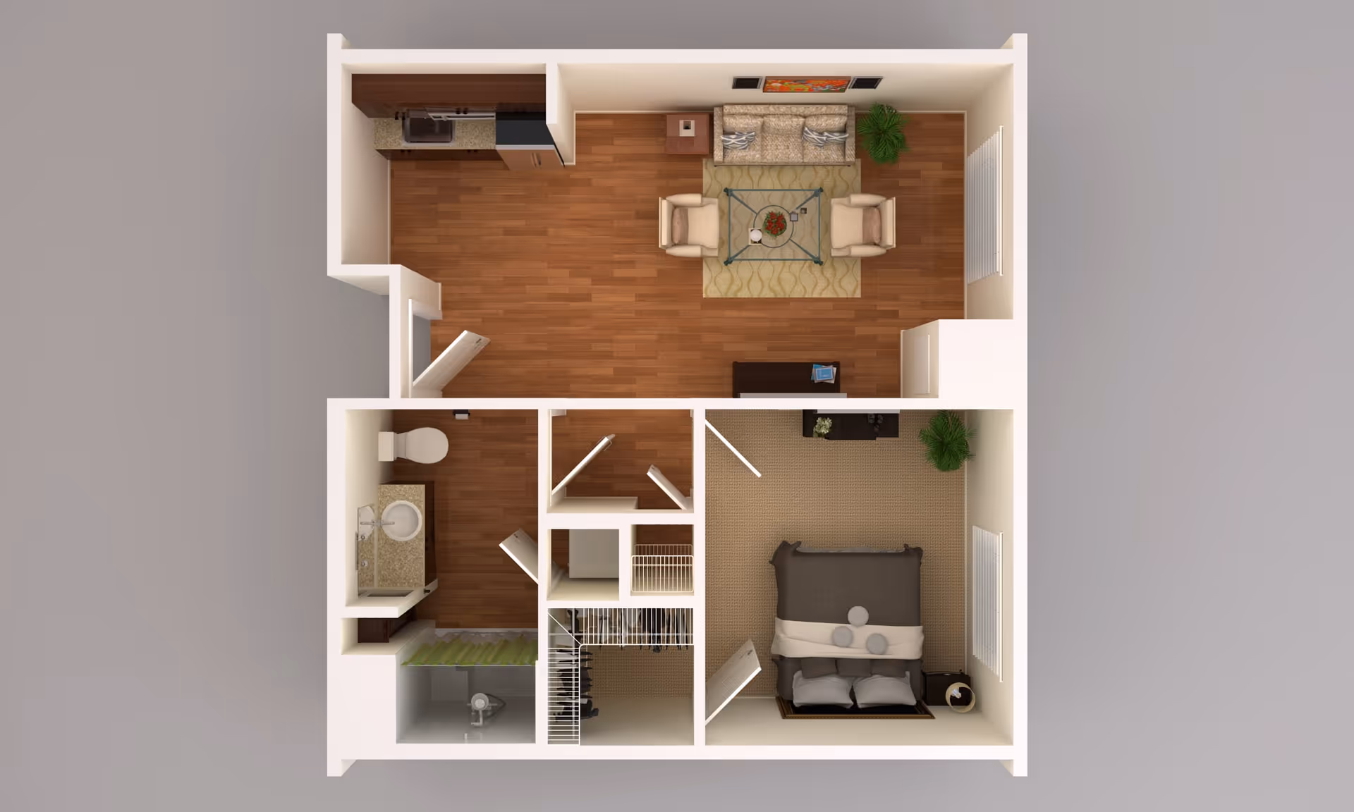 Top-down view of a one-bedroom apartment floor plan featuring a living room with sofa, two armchairs, coffee table, and a plant. Adjacent kitchen area with appliances and cabinetry. Bedroom with a bed, nightstand, and dresser. Bathroom includes a toilet, sink, and shower. Closet space is located between the bedroom and bathroom.