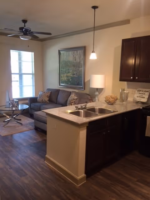 Interior view of a living space in an independent living facility showing a kitchen area with a double sink and dark wood cabinets, a small living room with a gray sofa, a glass coffee table, a floor lamp, a ceiling fan, and a large window letting in natural light. There is a framed painting on the wall above the sofa.
