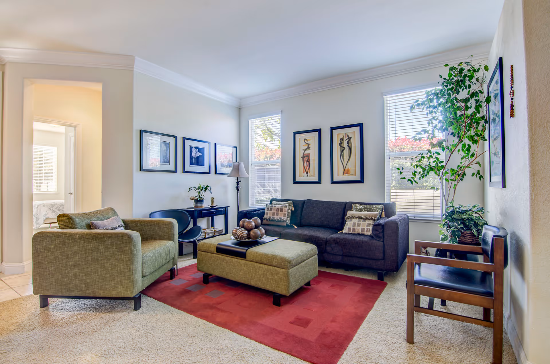 Bright living room with a sofa, armchair, ottoman on a red rug, framed artwork, and a large potted plant by the windows.