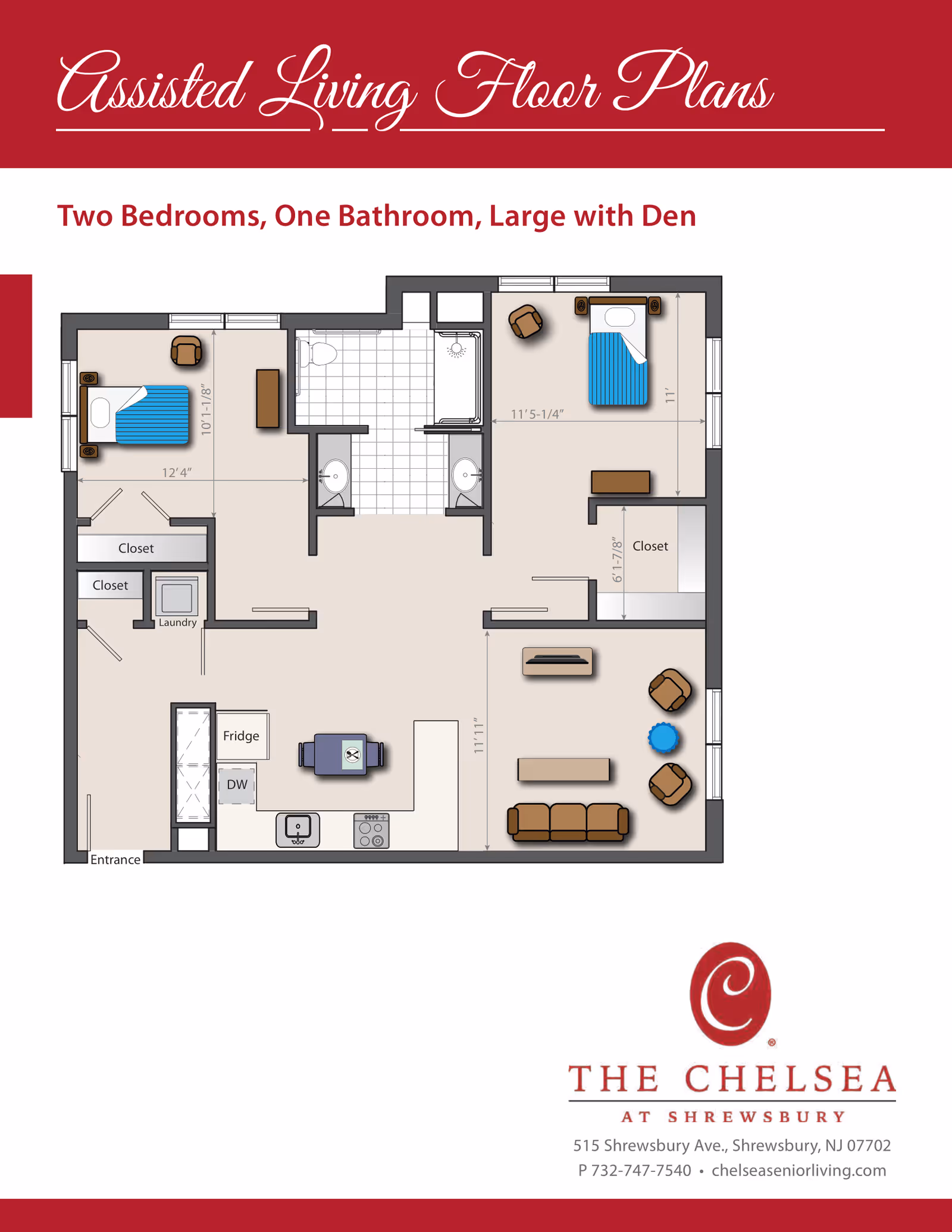 Illustrated assisted-living floor plan for a two-bedroom, one-bath apartment with living/kitchen areas, labeled header, and The Chelsea at Shrewsbury logo and contact info.