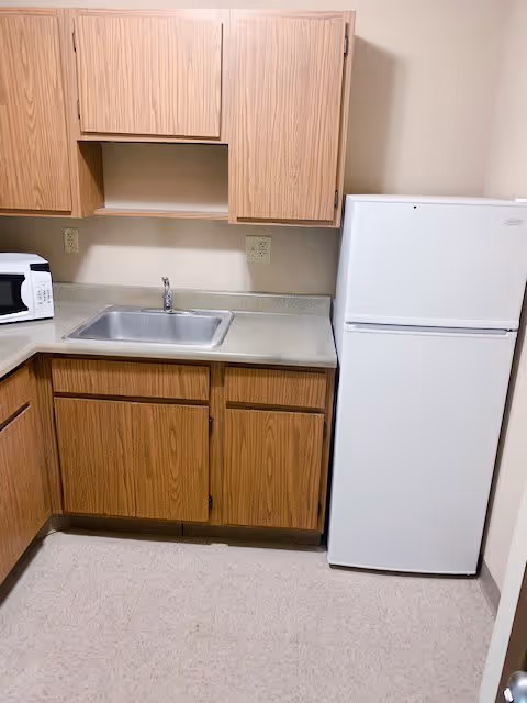 Small kitchen with wood cabinets, a stainless sink and countertop, a microwave on the counter, and a white refrigerator.