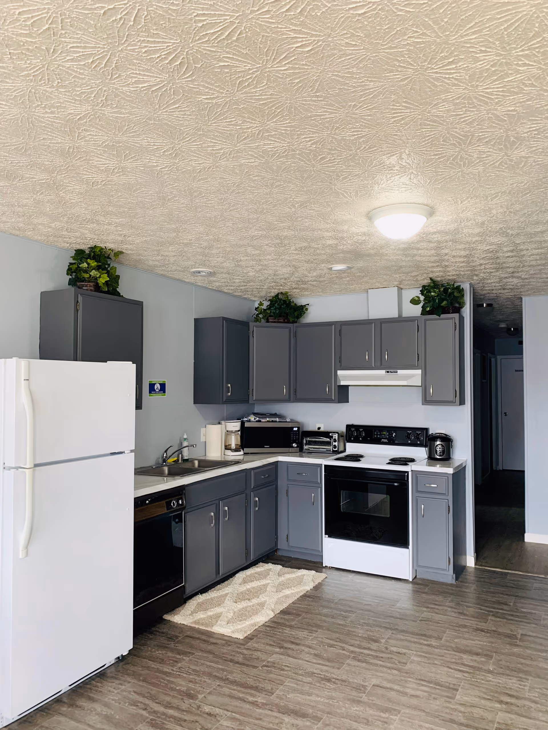 Kitchen with gray cabinets, white refrigerator and stove, countertop appliances, and wood-look flooring.