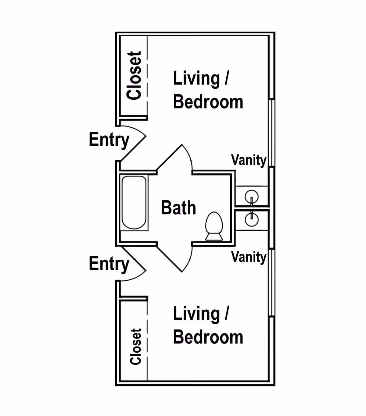 Black and white architectural floor plan showing two living/bedroom areas, each with a closet, two entry doors, a central bathroom with a bathtub and toilet, and two vanities adjacent to the bathroom.