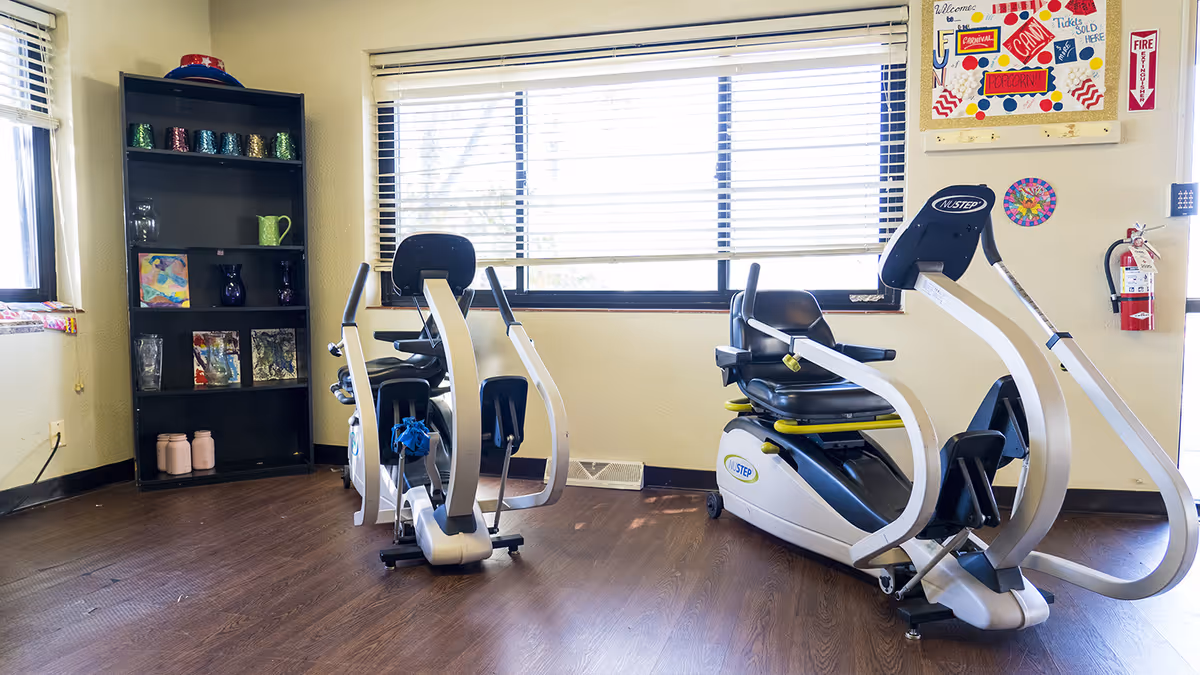 Small interior exercise room with two recumbent stepper machines near a window and a shelving unit with decorations.