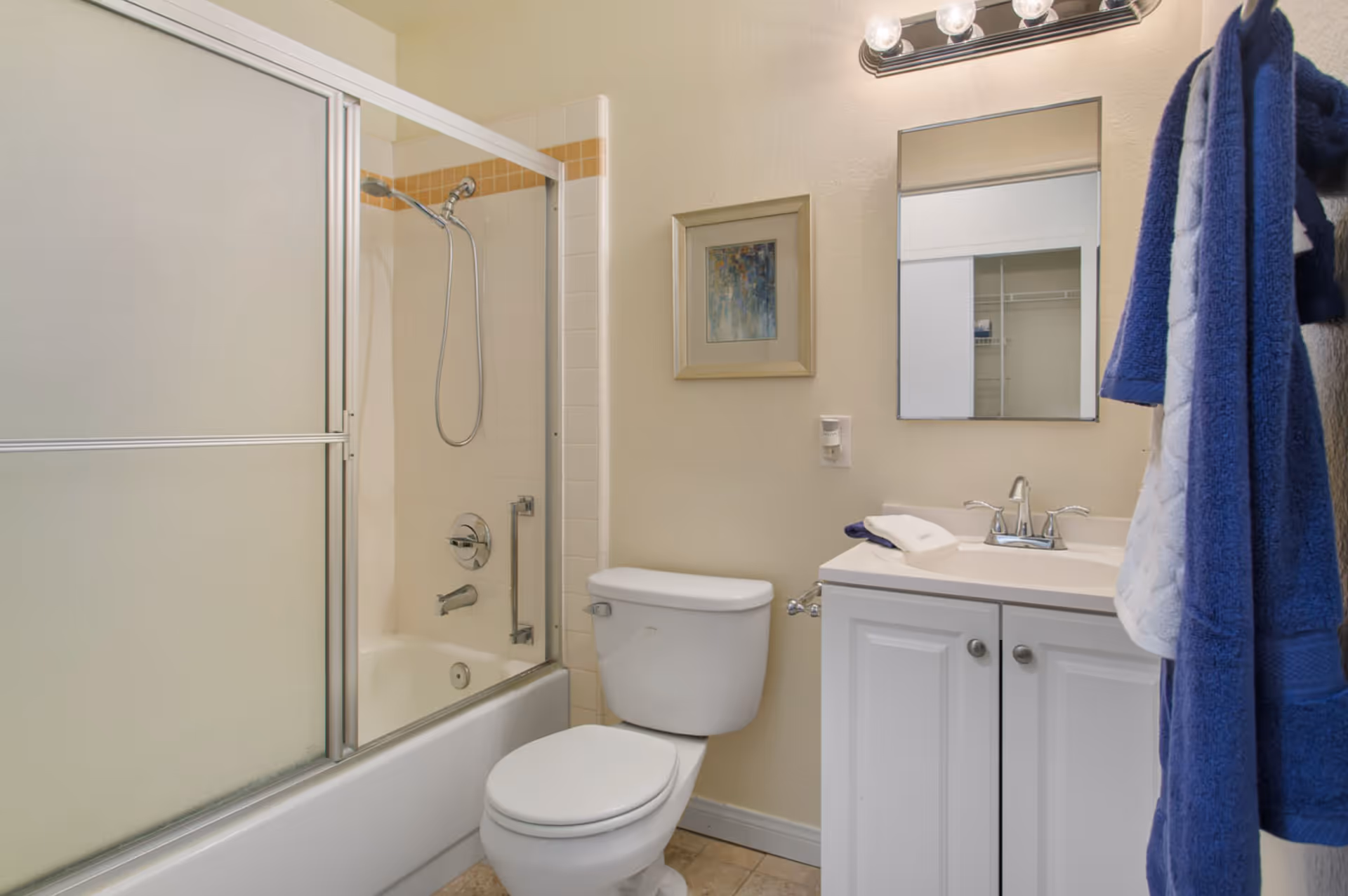 A clean bathroom featuring a white toilet, a bathtub with sliding frosted glass doors and a handheld showerhead, a white vanity with a sink and faucet, a rectangular mirror above the sink, a framed abstract painting on the wall, and blue towels hanging on a hook.