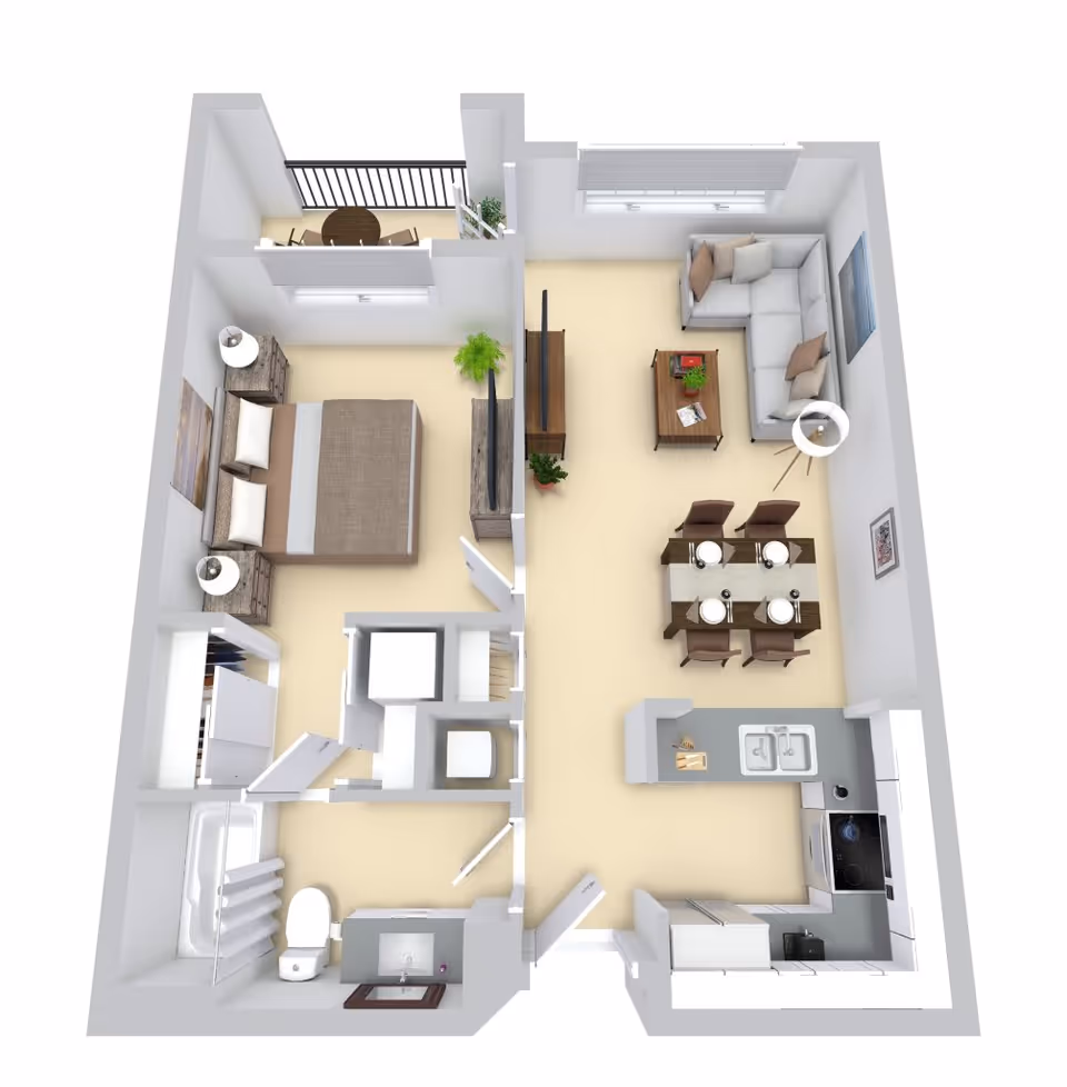 3D rendered one-bedroom apartment floor plan showing a bedroom, bathroom, kitchen, dining and living areas with a small balcony.