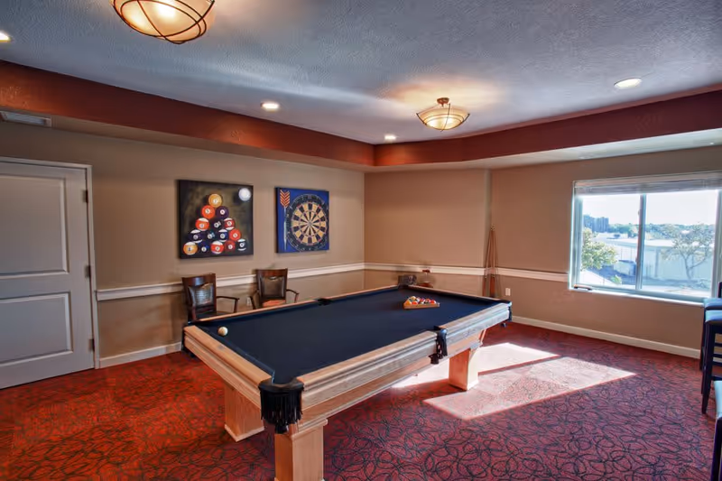 A game room with a pool table covered in black felt, a rack of billiard balls arranged on the table, two chairs against the wall, a dartboard, and a painting of billiard balls. The room has red patterned carpet, beige walls with white trim, ceiling lights, and a window showing an outdoor view.