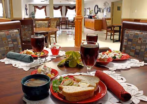 Oak Park Nursing and Rehabilitation Center dining room with table settings.