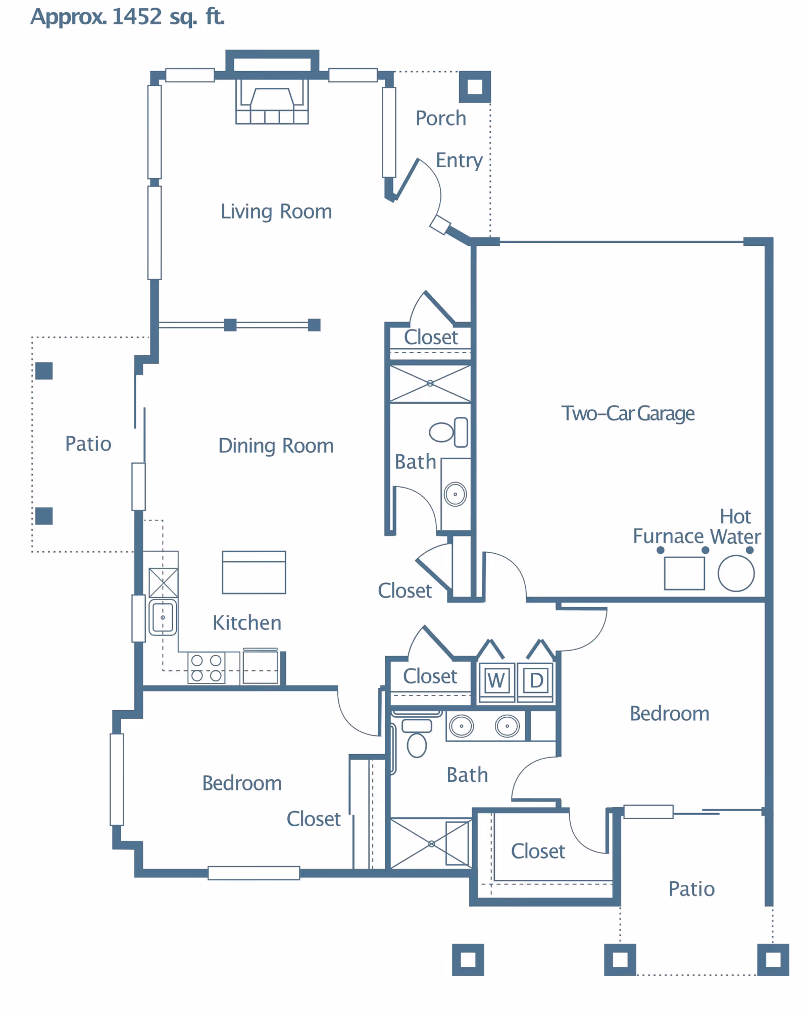Floor plan of a residential unit approximately 1452 square feet, showing two bedrooms, two bathrooms, a kitchen, dining room, living room, two patios, a porch entry, two-car garage, closets, and utility areas for hot water and furnace.